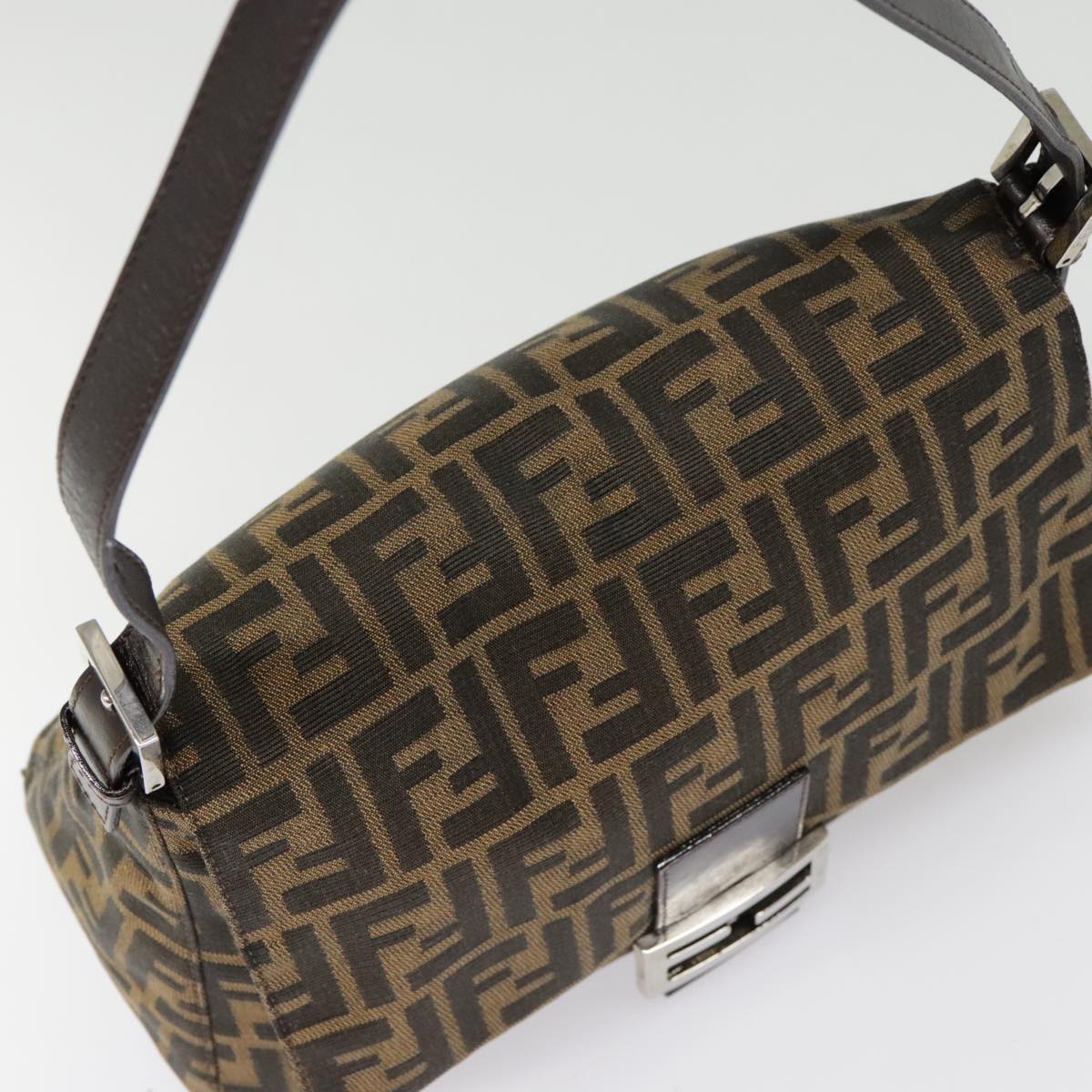 FENDI Zucca Canvas Mamma Baguette Shoulder Bag Brown Black Silver yk14866A