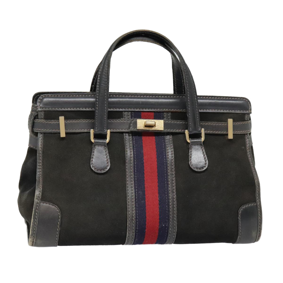 GUCCI Sherry Line Hand Bag Suede Leather Navy Red gold yk14885