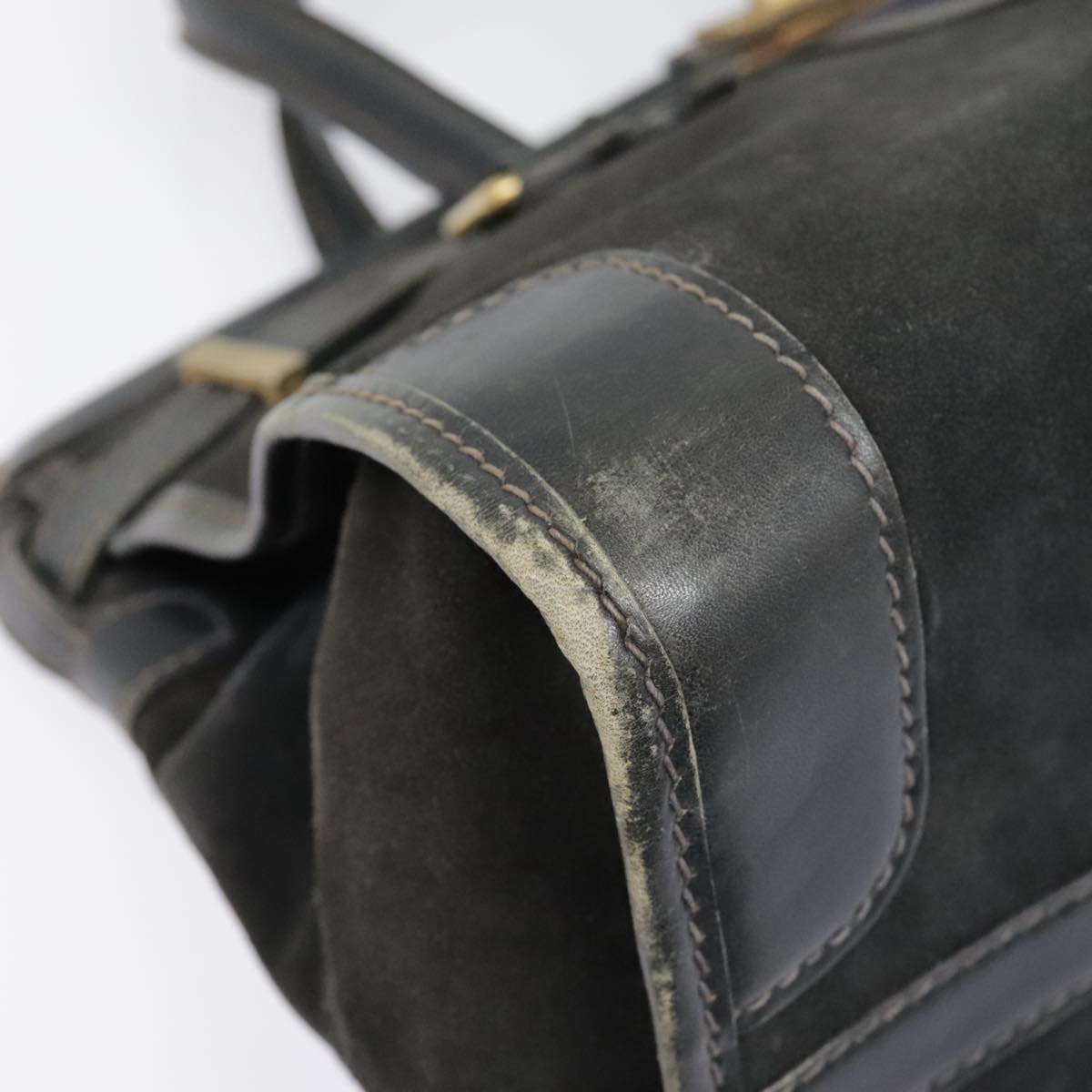 GUCCI Sherry Line Hand Bag Suede Leather Navy Red gold yk14885