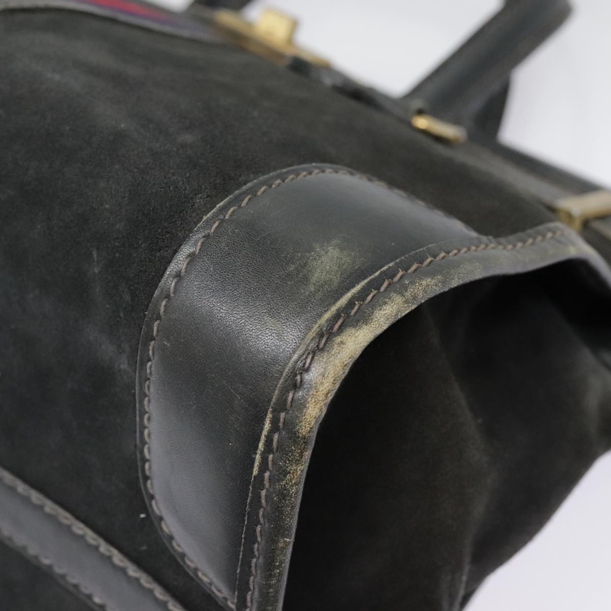 GUCCI Sherry Line Hand Bag Suede Leather Navy Red gold yk14885