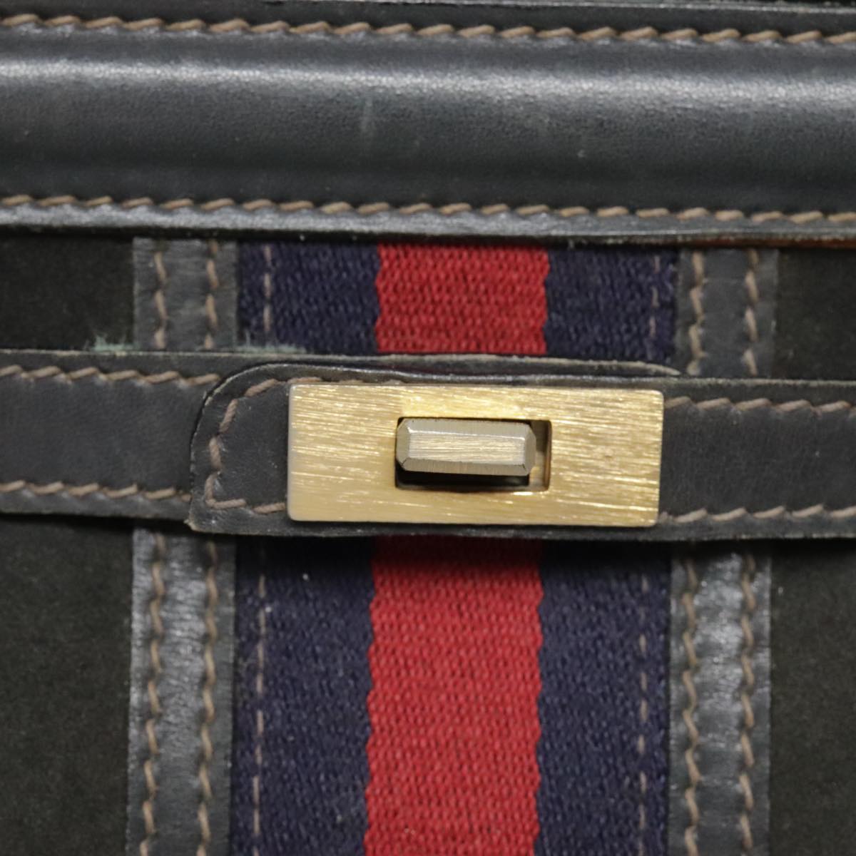 GUCCI Sherry Line Hand Bag Suede Leather Navy Red gold yk14885