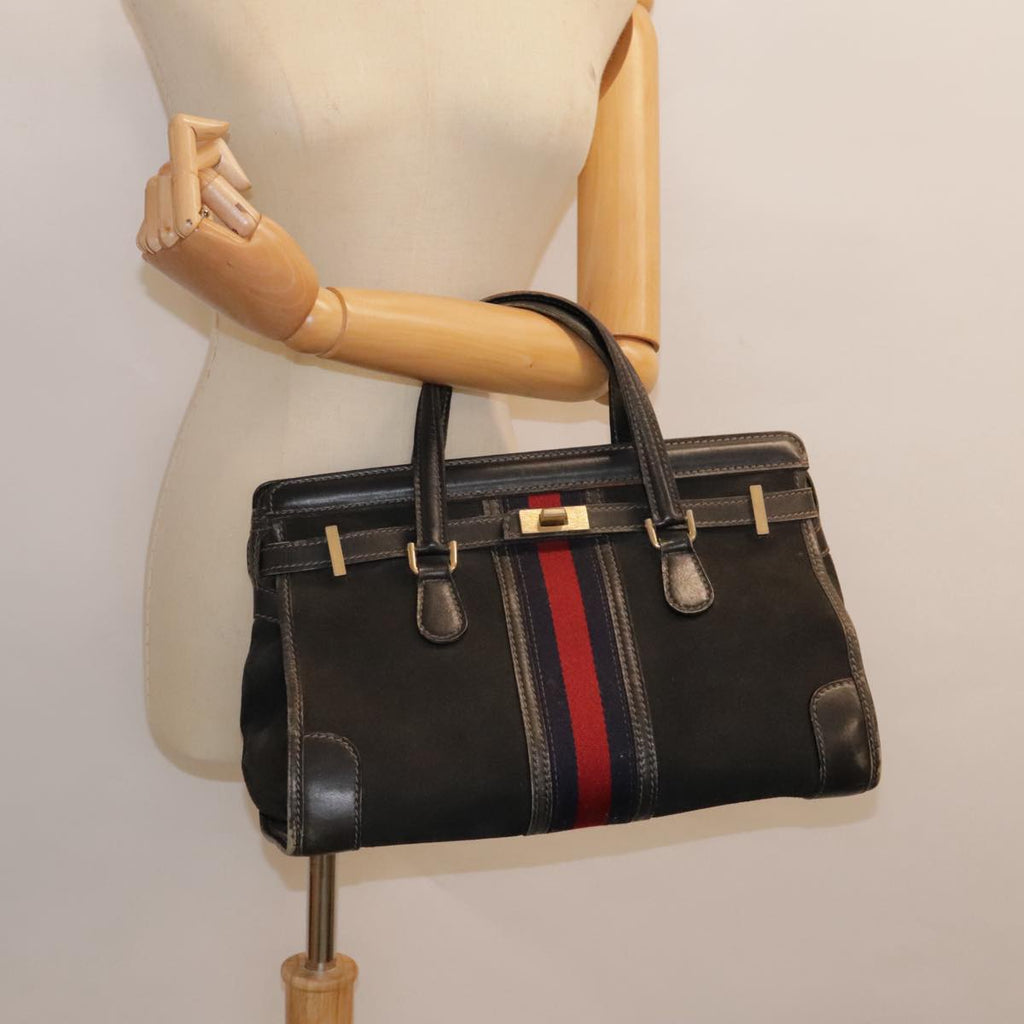 GUCCI Sherry Line Hand Bag Suede Leather Navy Red gold yk14885