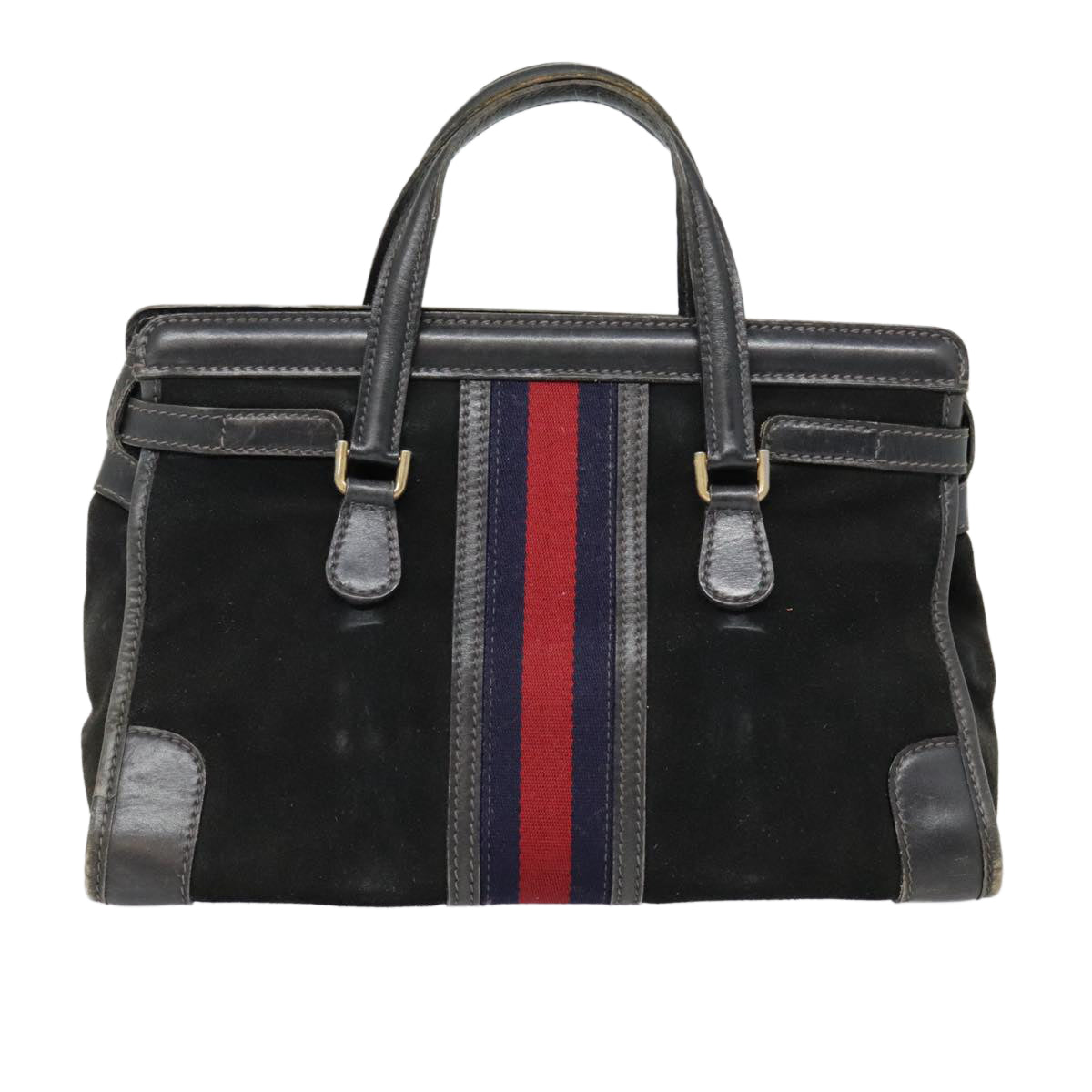 GUCCI Sherry Line Hand Bag Suede Leather Navy Red gold yk14885