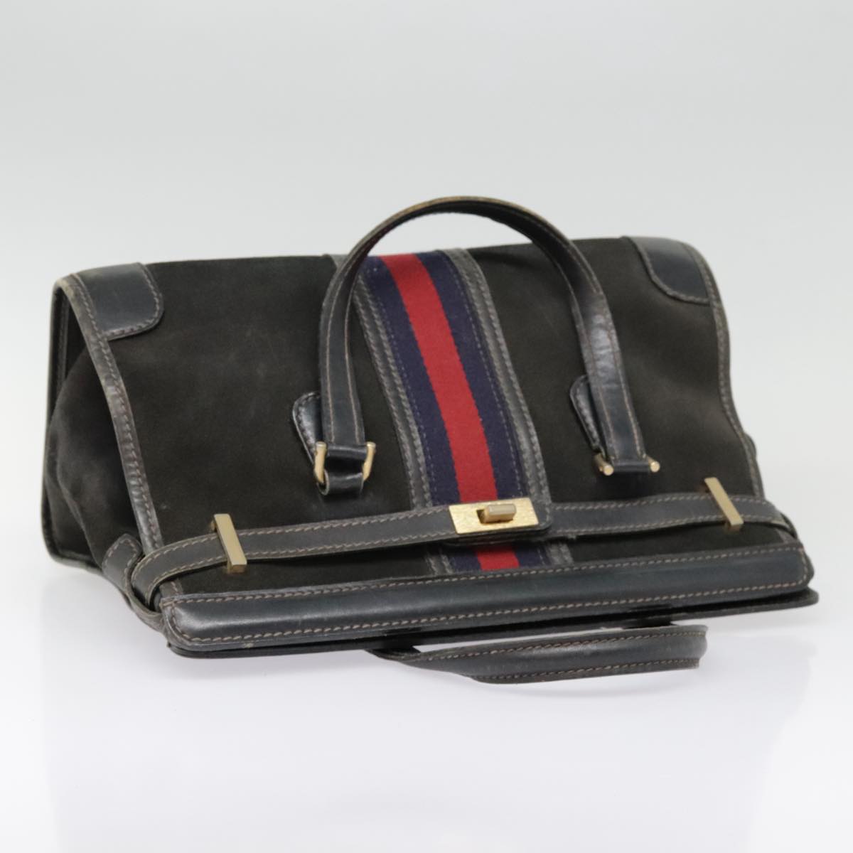 GUCCI Sherry Line Hand Bag Suede Leather Navy Red gold yk14885