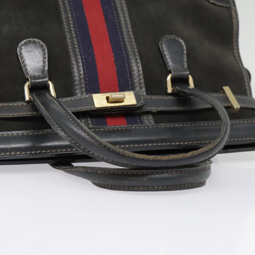 GUCCI Sherry Line Hand Bag Suede Leather Navy Red gold yk14885