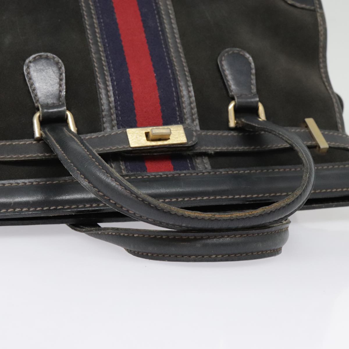 GUCCI Sherry Line Hand Bag Suede Leather Navy Red gold yk14885