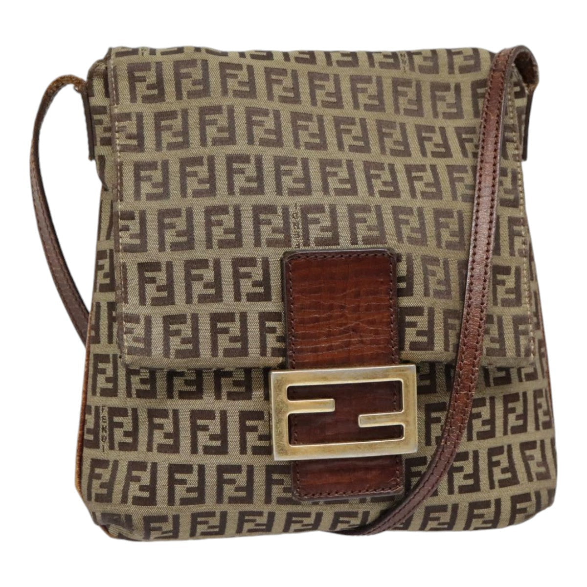 FENDI Zucchino Canvas Shoulder Bag Gold Beige yk14894