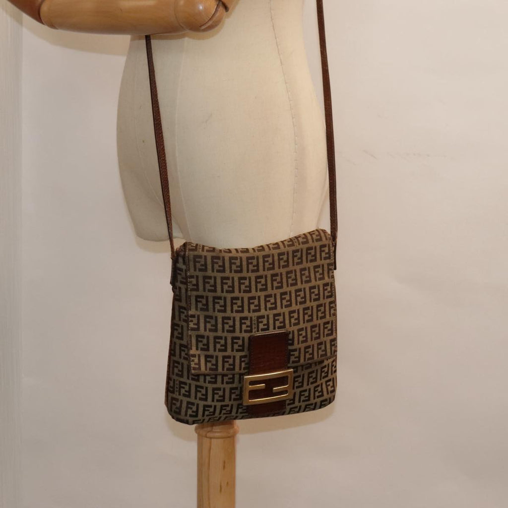FENDI Zucchino Canvas Shoulder Bag Gold Beige yk14894