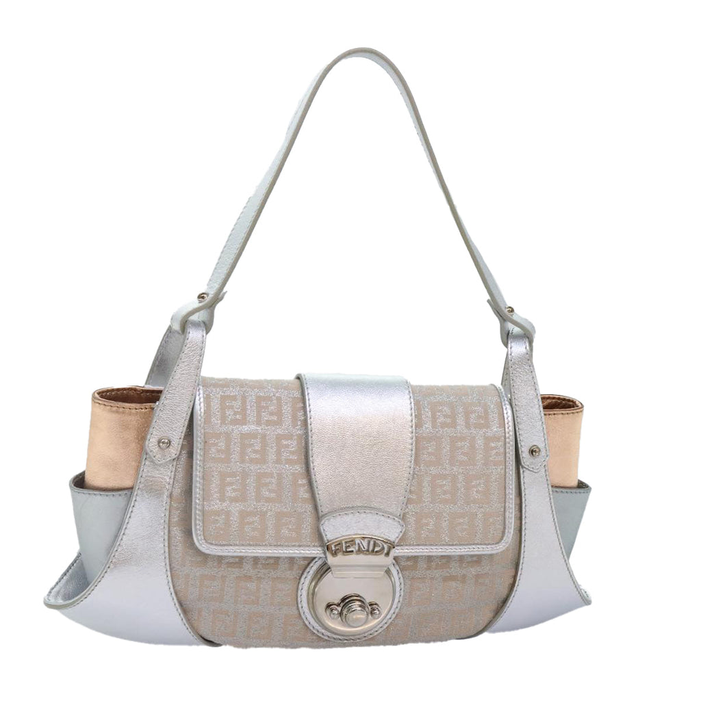FENDI Zucchino Canvas Hand Bag Silver Black yk14936