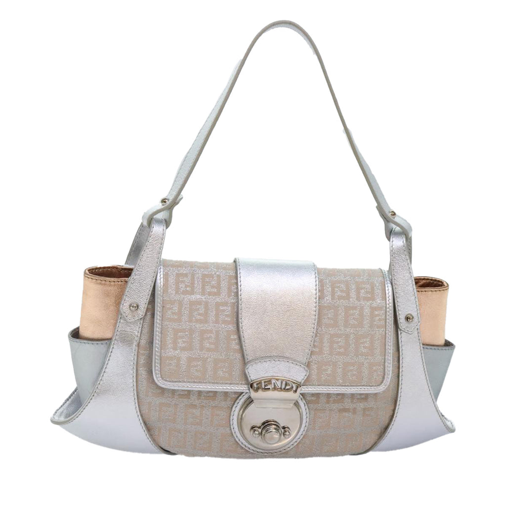 FENDI Zucchino Canvas Hand Bag Silver Black yk14936