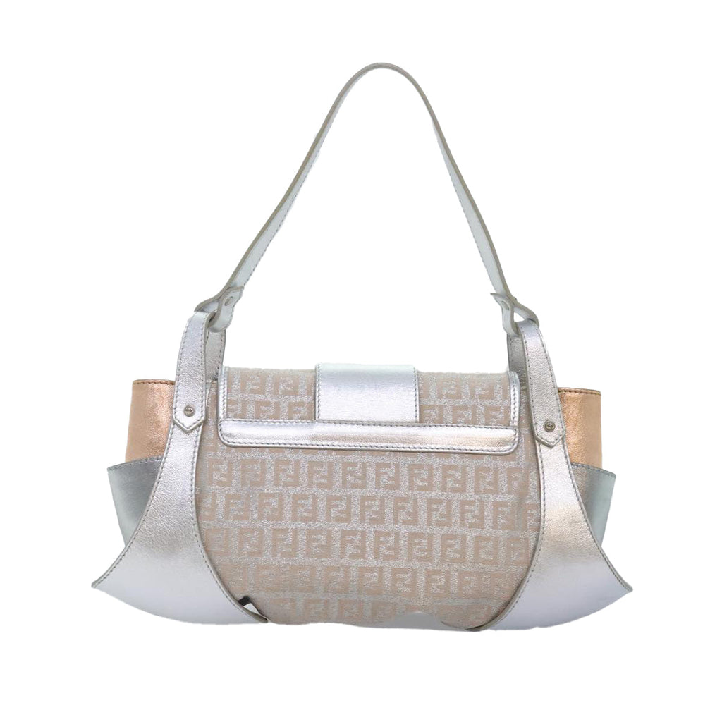 FENDI Zucchino Canvas Hand Bag Silver Black yk14936