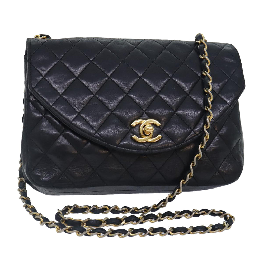 CHANEL Matelasse Turn Lock Chain Bag Lamb Skin Black Gold CC yk14979