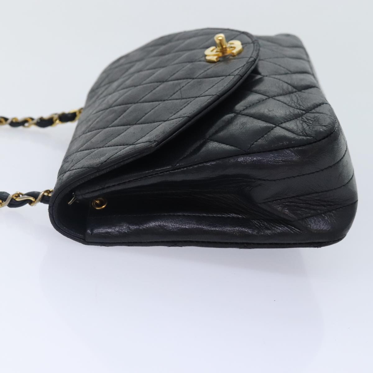 CHANEL Matelasse Turn Lock Chain Bag Lamb Skin Black Gold CC yk14979