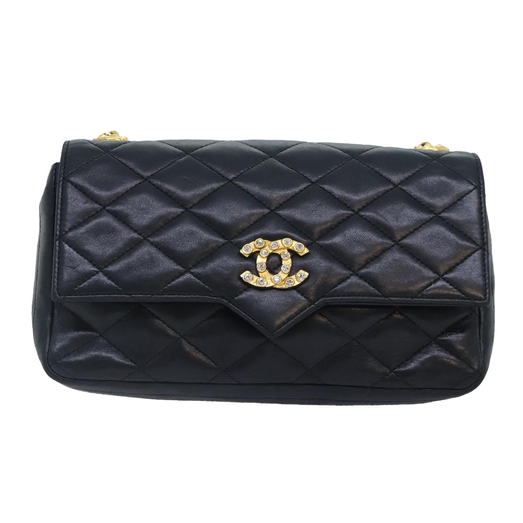 CHANEL Matelasse COCO Mark Chain Stone Bag Lamb Skin Black CC yk15007A