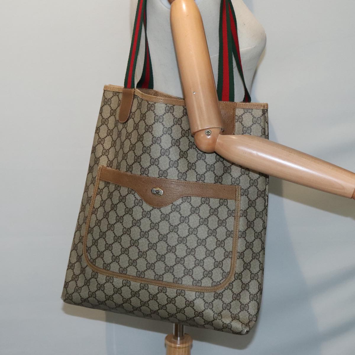 GUCCI GG Supreme Web Sherry Line Tote Bag PVC Beige Red 39 02 003 yk15019