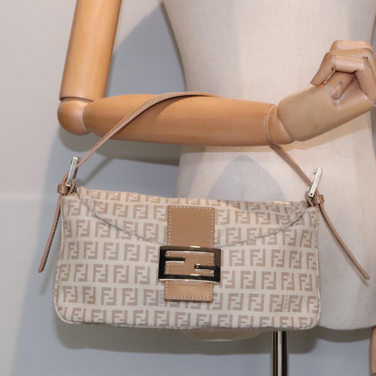 FENDI Zucchino Canvas Mamma Baguette Shoulder Bag Beige Gold yk15046A