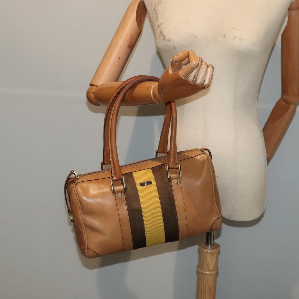 GUCCI Sherry Line Hand Bag Leather Brown Yellow gold 000 0851 yk15053