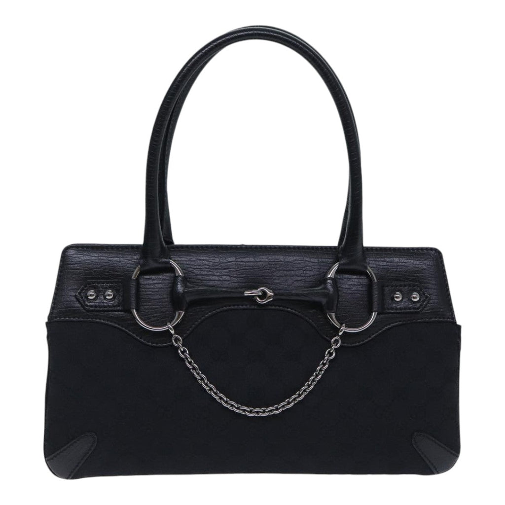 GUCCI GG Canvas Horsebit Shoulder Bag Black Silver 114913 yk15158