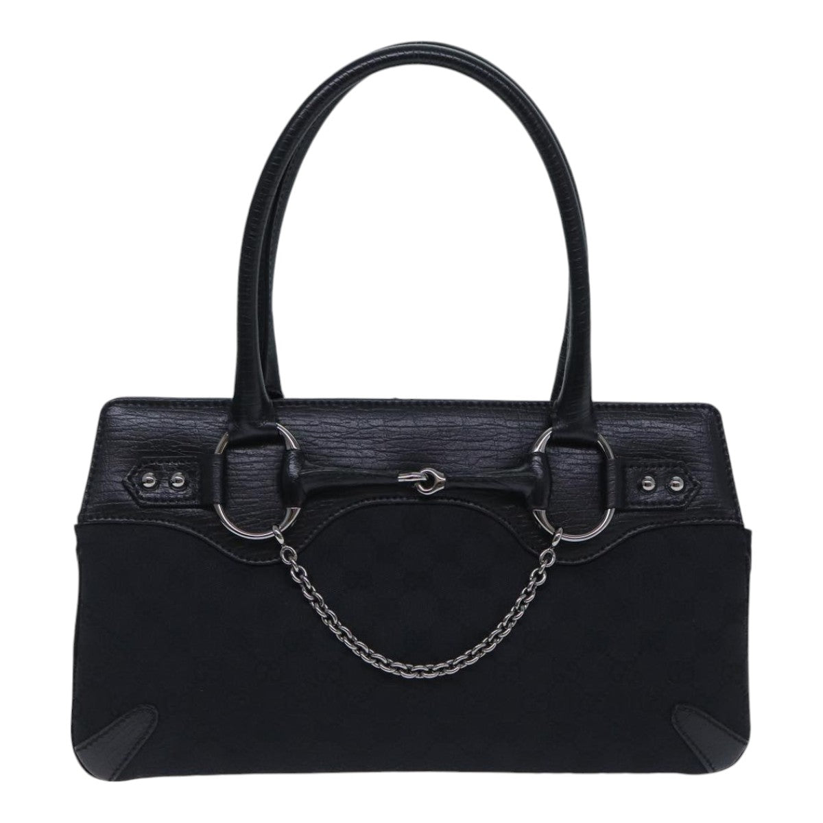 GUCCI GG Canvas Horsebit Shoulder Bag Black Silver 114913 yk15158