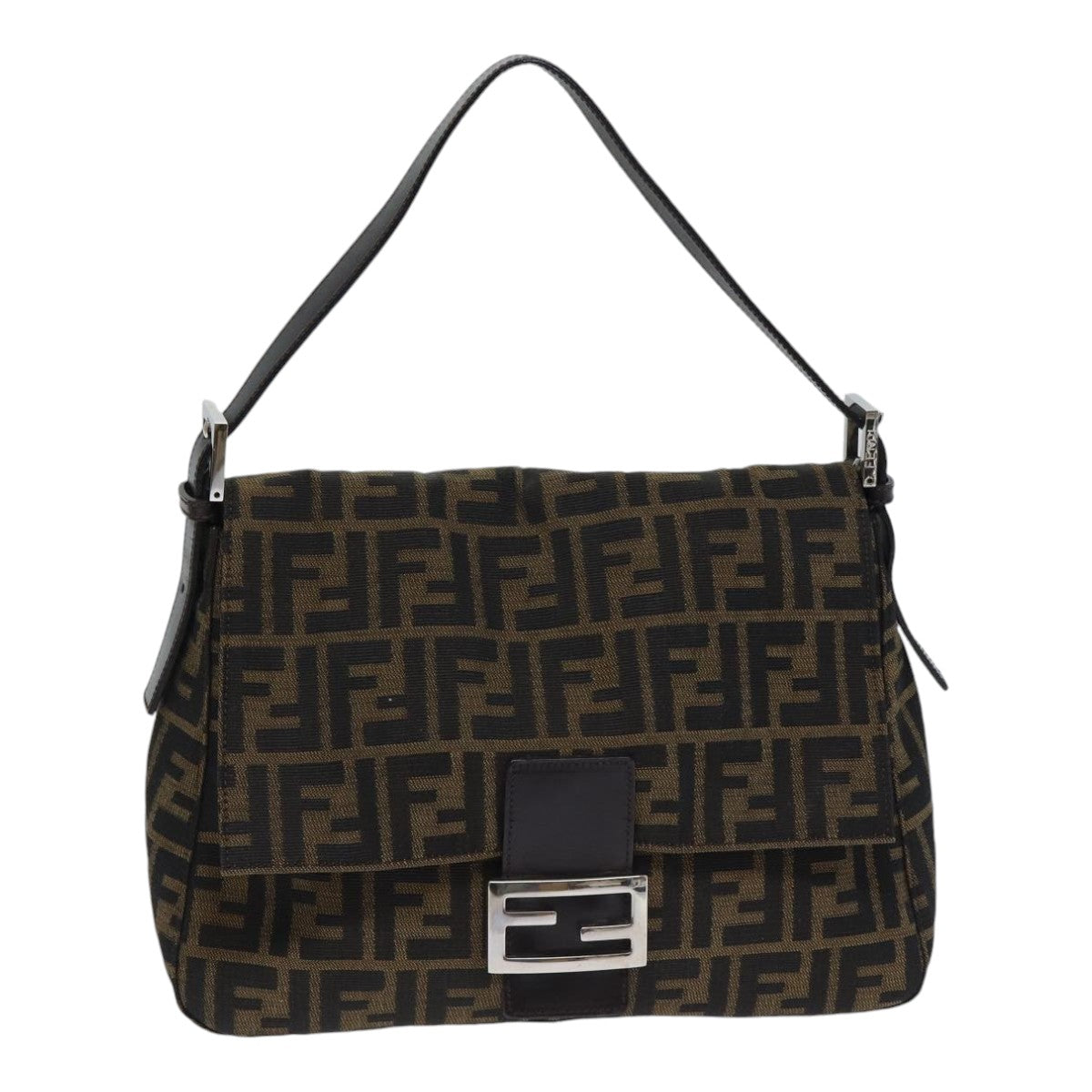 FENDI Zucca Canvas Mamma Baguette Shoulder Bag Brown Black Silver yk15179A