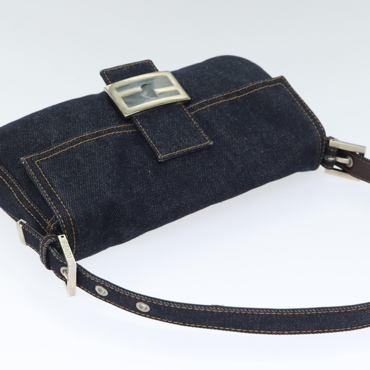 FENDI Mamma Baguette Shoulder Bag Denim Navy Silver yk15240A
