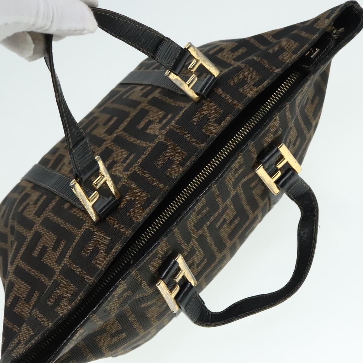 FENDI Zucca Canvas Mamma Baguette Hand Bag Black Gold Brown yk15394