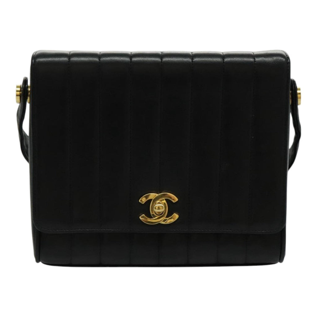 CHANEL Mademoiselle Shoulder Bag Lamb Skin Black Gold CC yk15502A