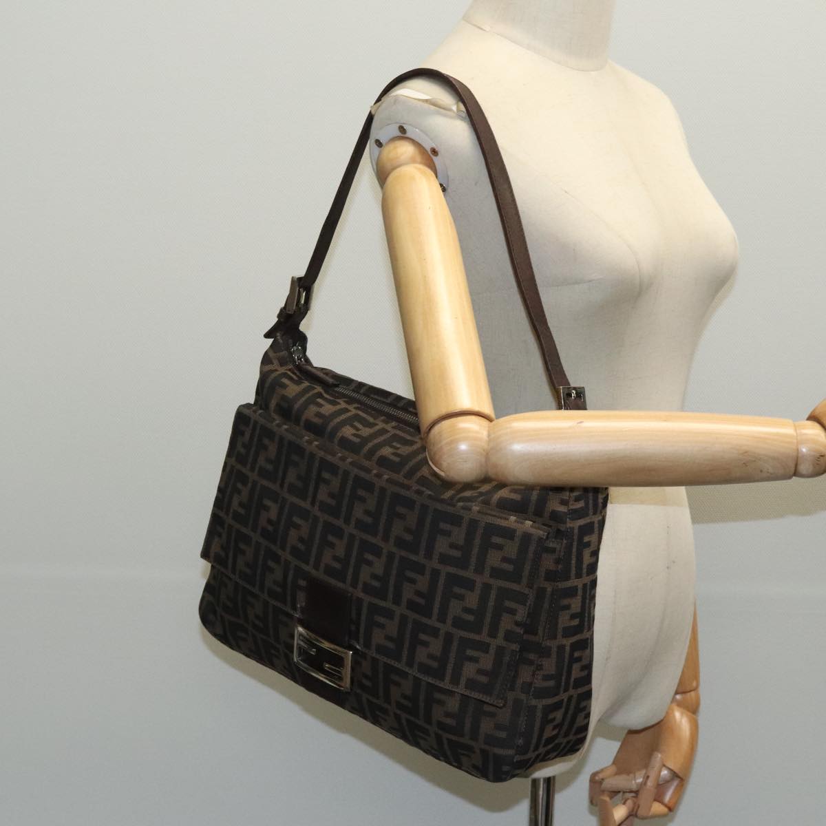 FENDI Zucca Canvas Mamma Baguette Shoulder Bag Brown Black Silver yk15544