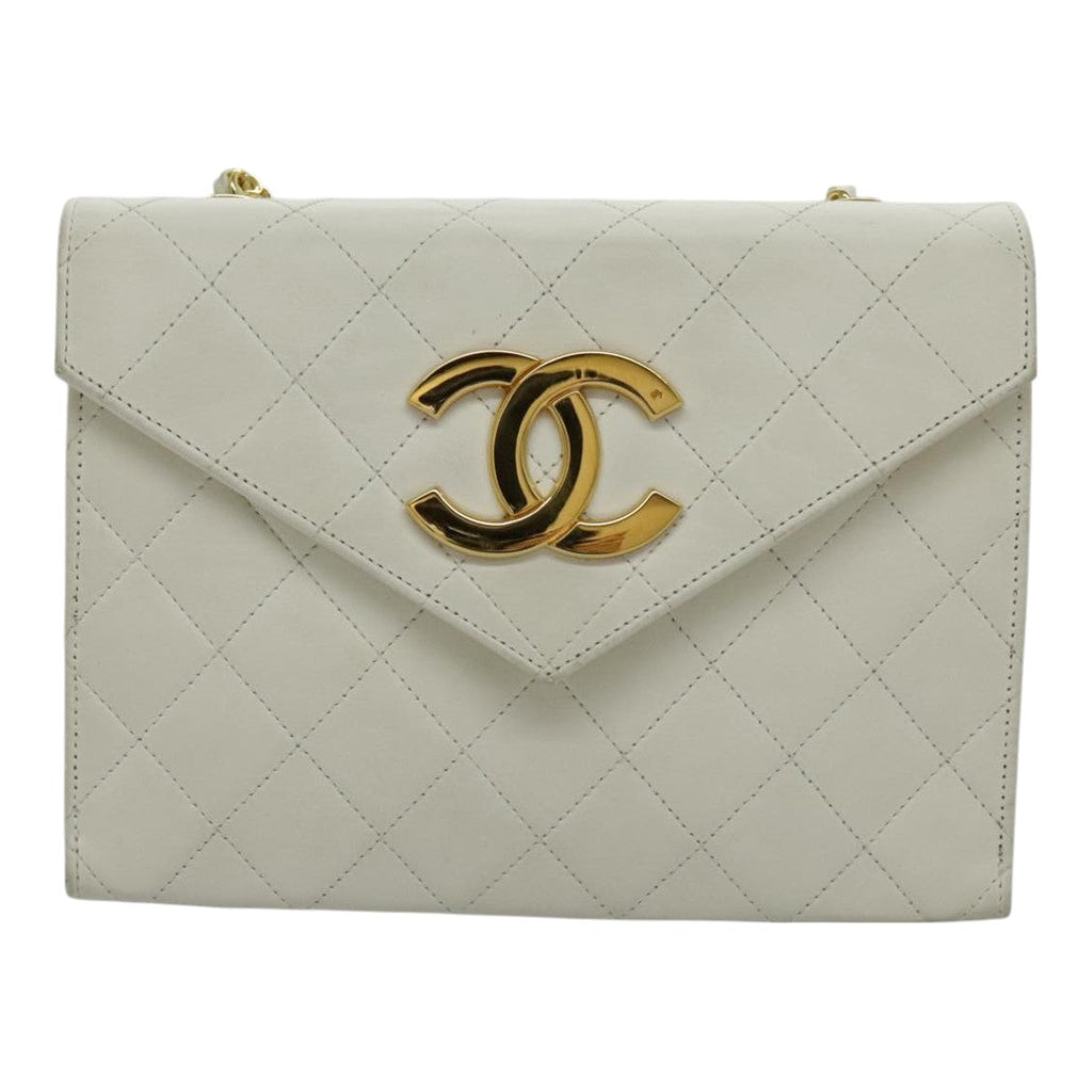 CHANEL Matelasse Big COCO Mark Chain Bag Lamb Skin White Gold CC yk15609A