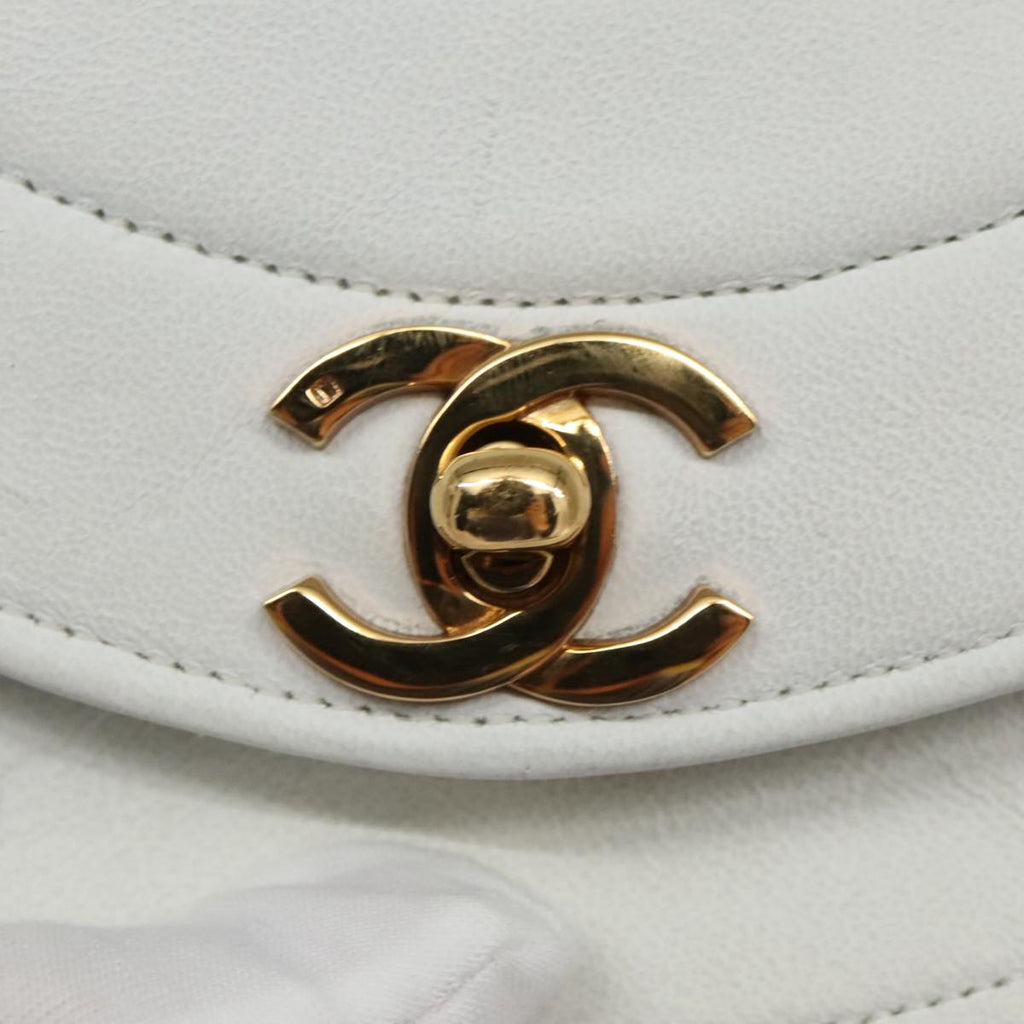 CHANEL Wave Stitch Chain Hand Bag Lamb Skin White Gold CC yk15635A