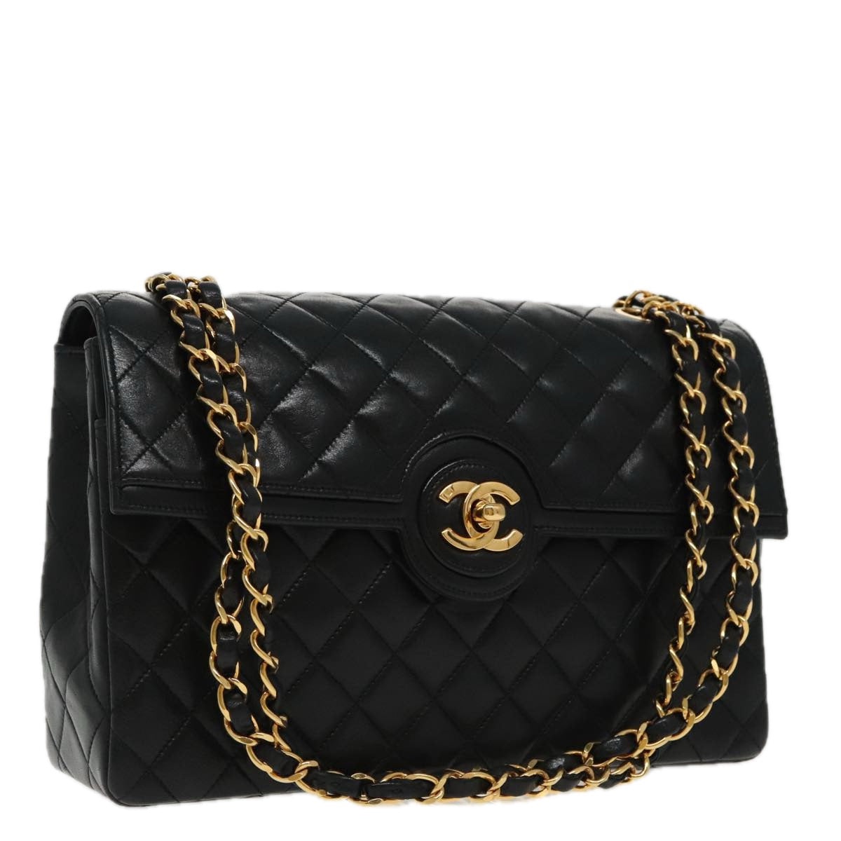 CHANEL Matelasse Turn Lock Chain Hand Bag Lamb Skin Black Gold CC yk15738A