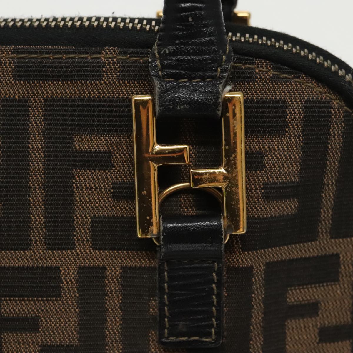 FENDI Zucca Canvas Hand Bag Brown Black gold yk15834