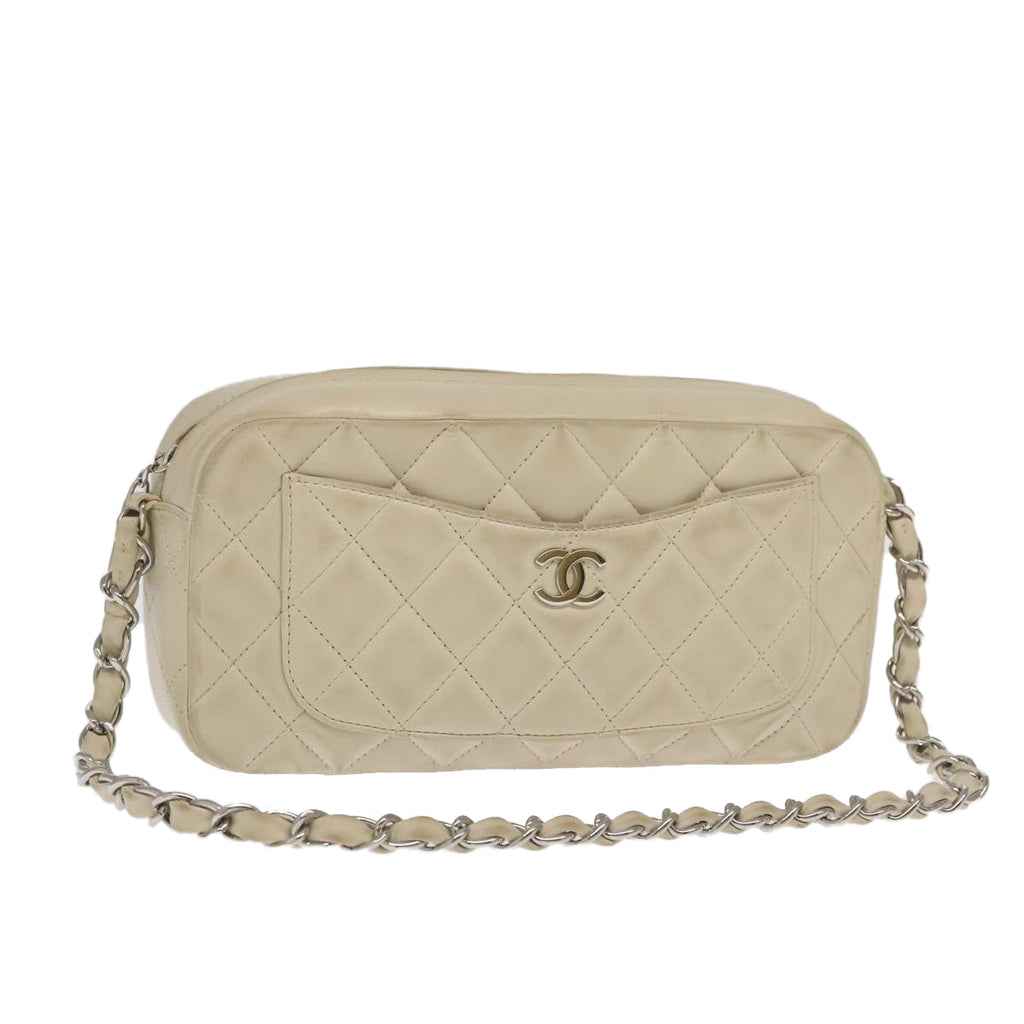 CHANEL Matelasse Chain Hand Bag Lamb Skin White Silver CC yk15902