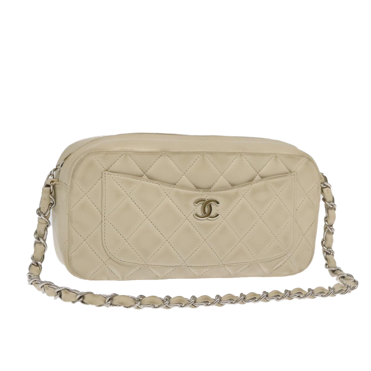 CHANEL Matelasse Chain Hand Bag Lamb Skin White Silver CC yk15902