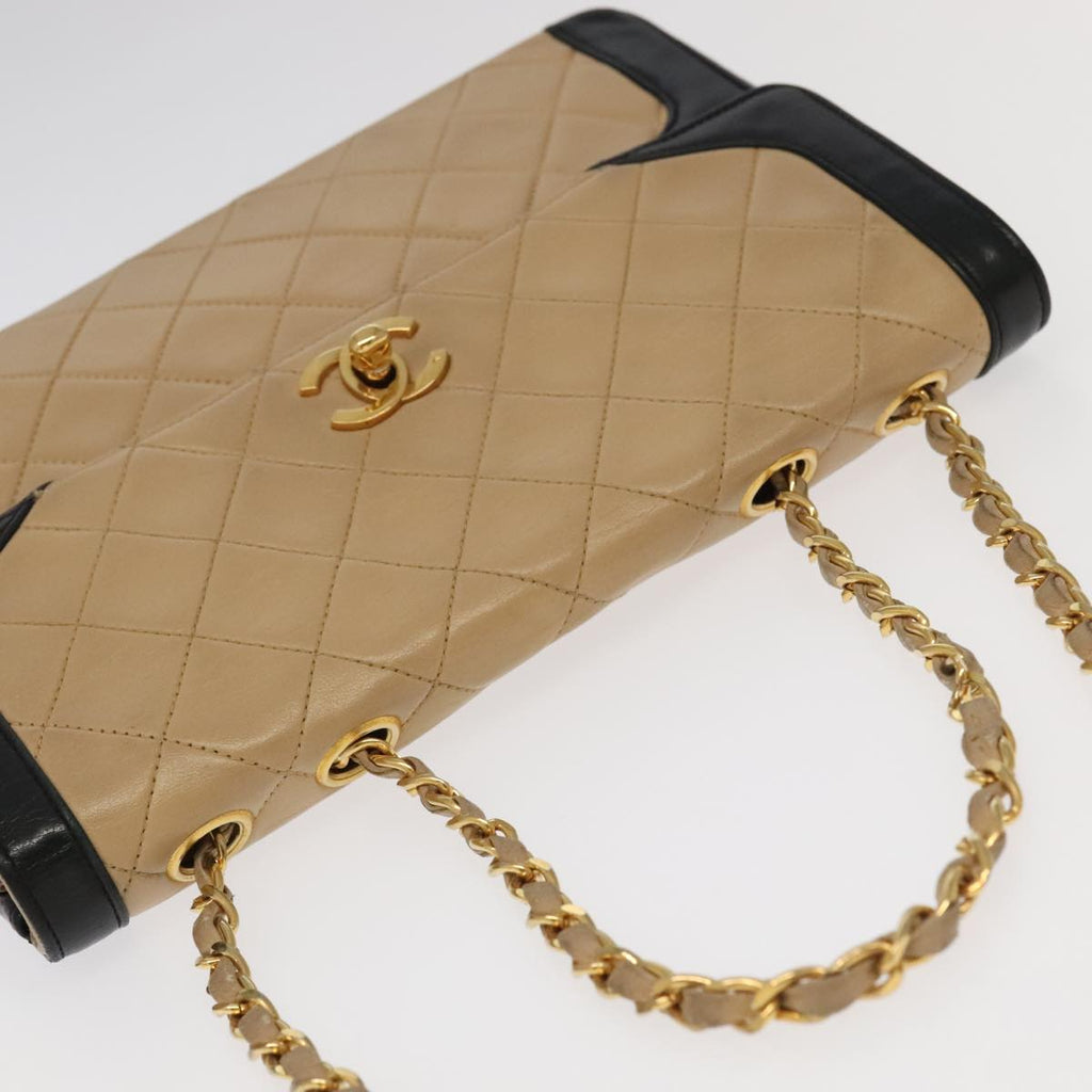 CHANEL Matelasse Chain Hand Bag Lamb Skin Beige Gold CC yk15903