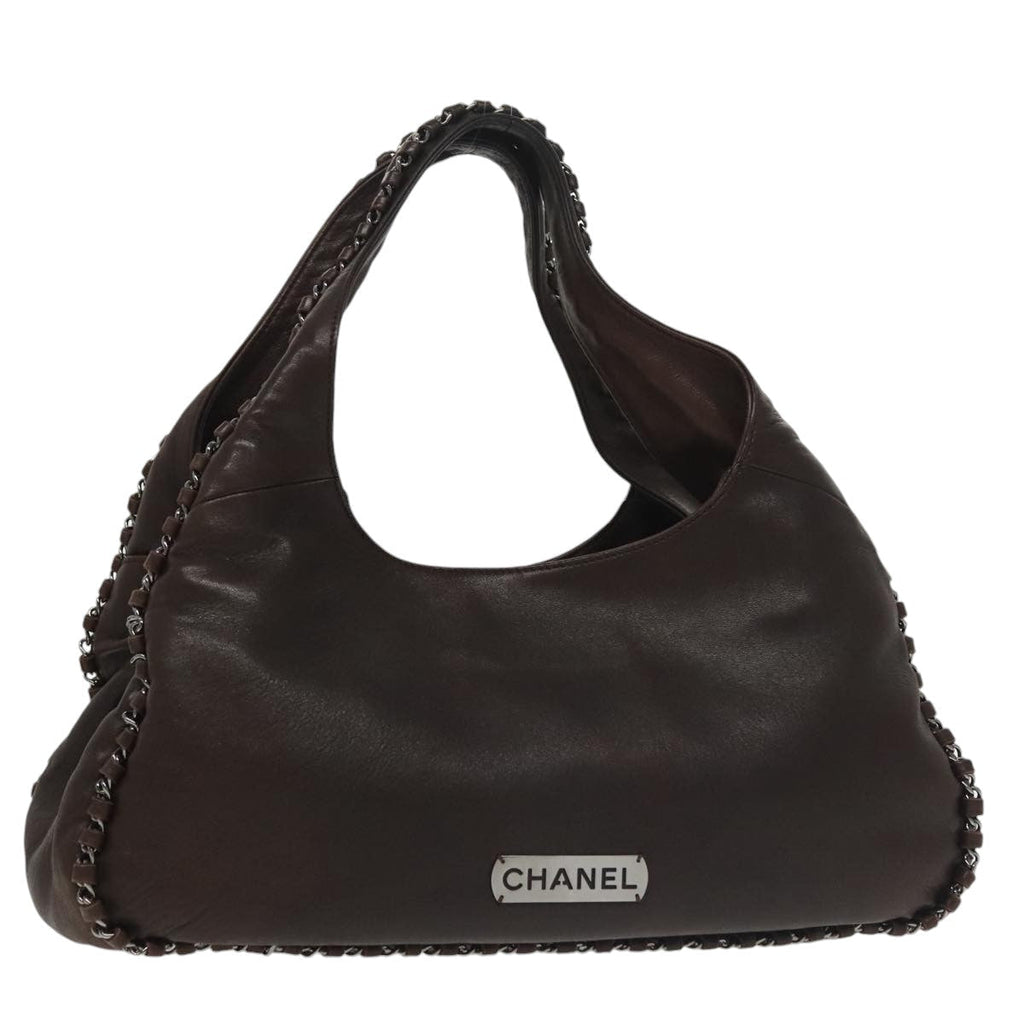 CHANEL Chain Hand Bag Lamb Skin Brown CC yk15907A