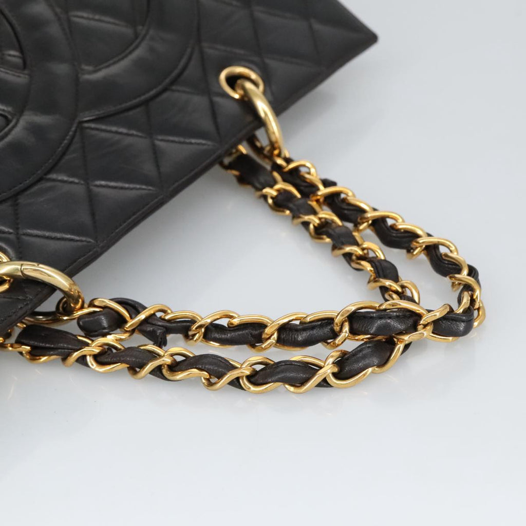 CHANEL Matelasse Chain Hand Bag Lamb Skin Black Gold CC yk15908A