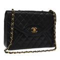 CHANEL Matelasse Chain Hand Bag Lamb Skin Black Gold CC yk15914A