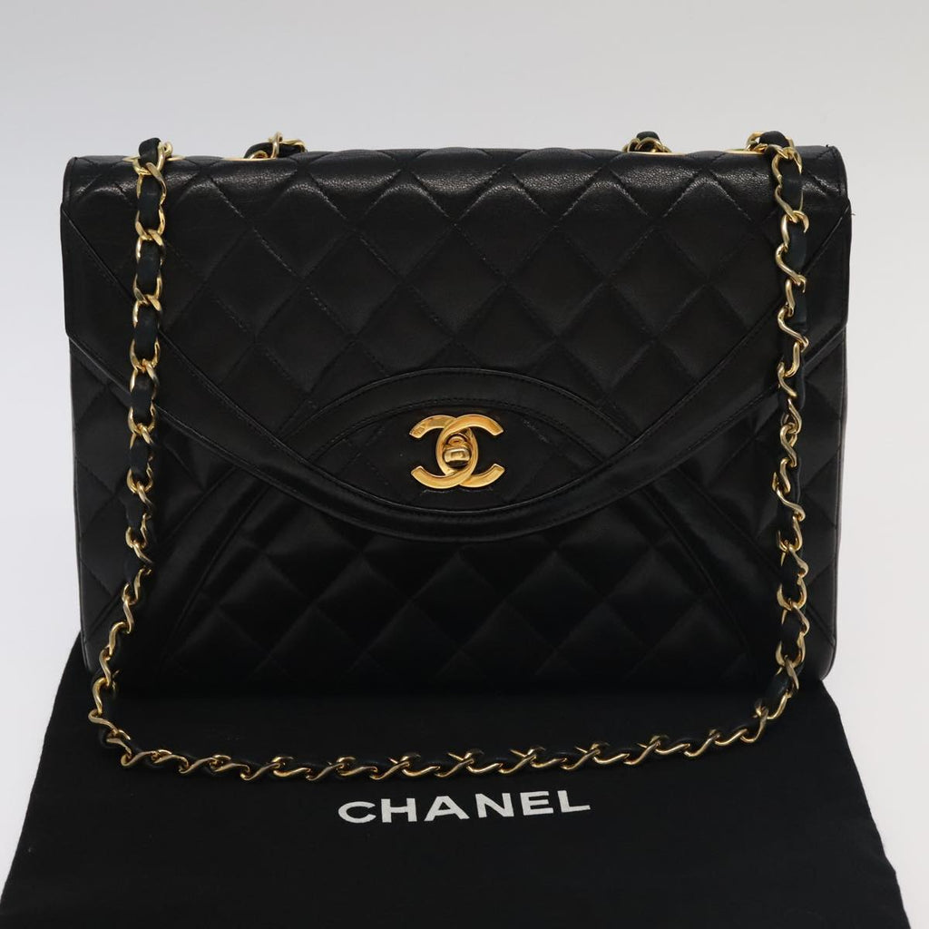 CHANEL Matelasse Chain Hand Bag Lamb Skin Black Gold CC yk15914A