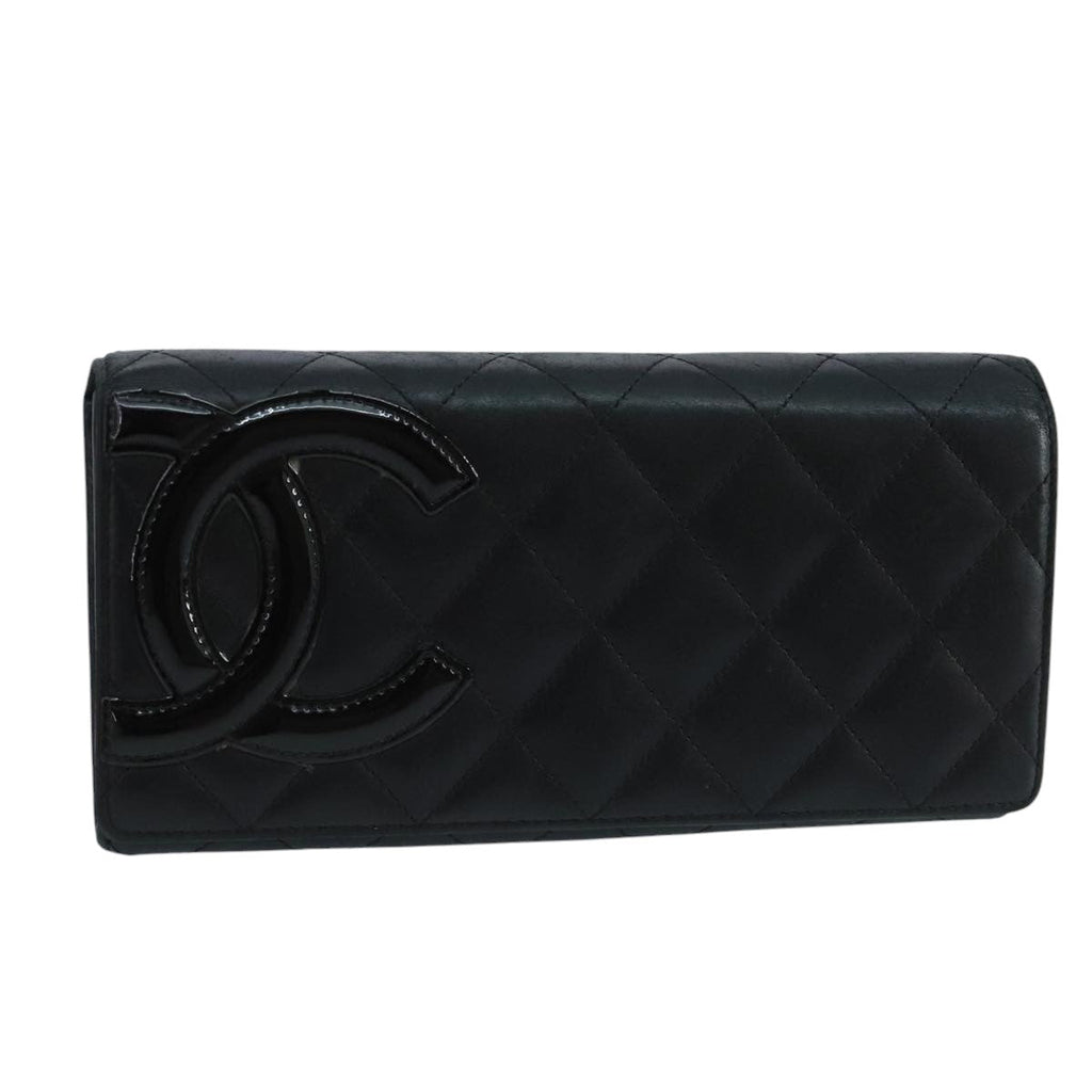 CHANEL Cambon Line Long Wallet Leather Black Silver CC yk16124