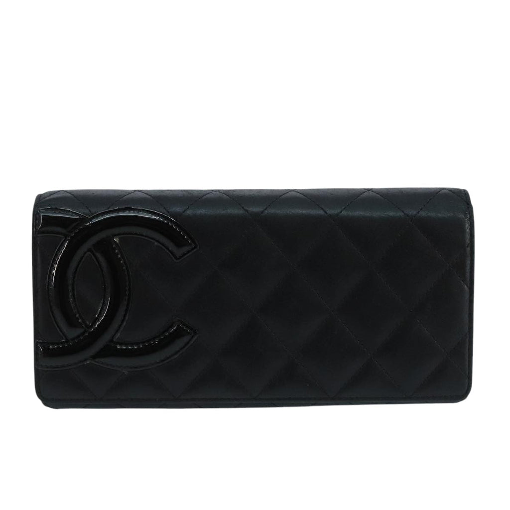 CHANEL Cambon Line Long Wallet Leather Black Silver CC yk16124