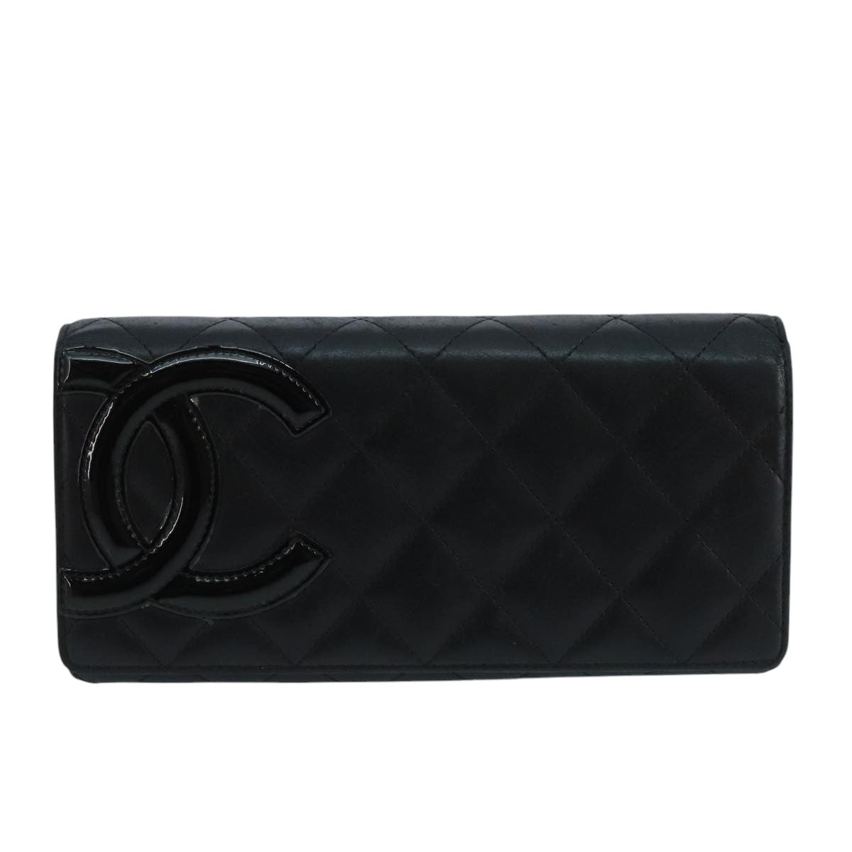 CHANEL Cambon Line Long Wallet Leather Black Silver CC yk16124