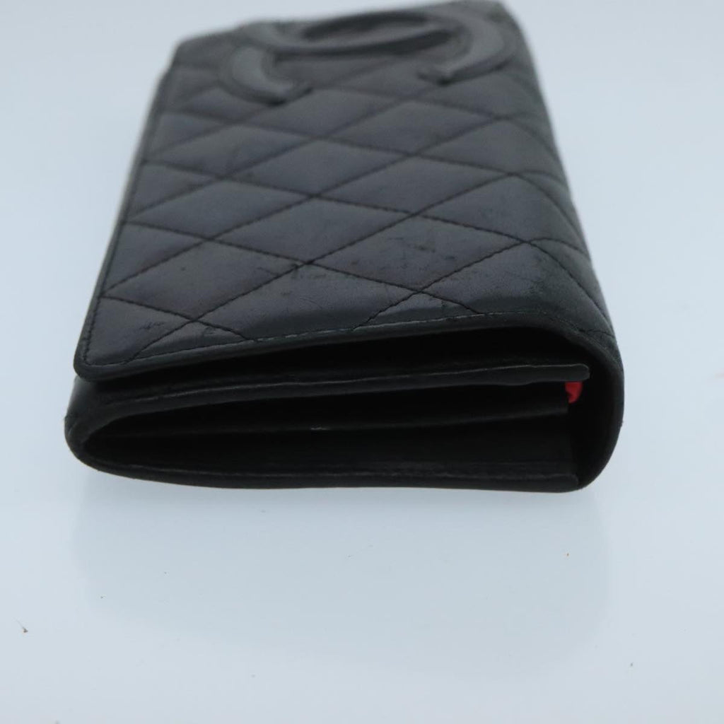 CHANEL Cambon Line Long Wallet Leather Black Silver CC yk16124