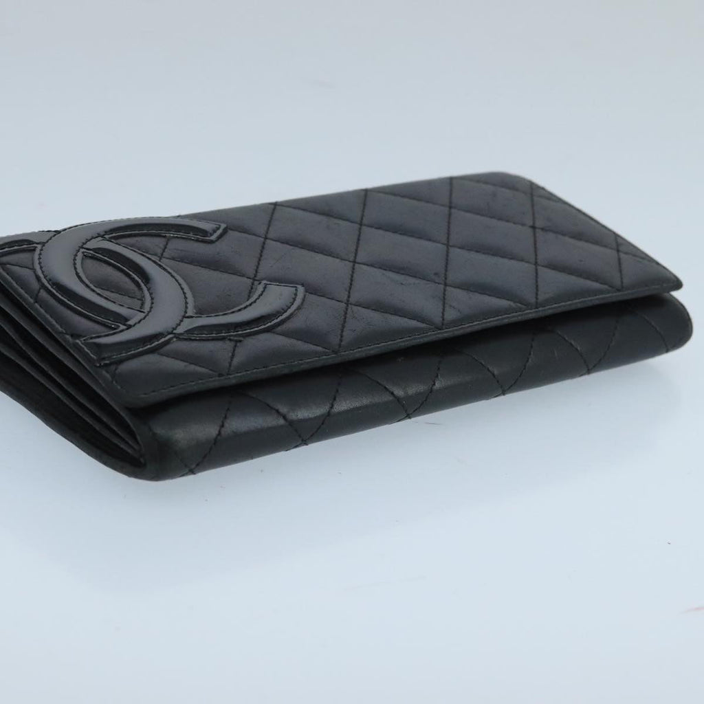 CHANEL Cambon Line Long Wallet Leather Black Silver CC yk16124