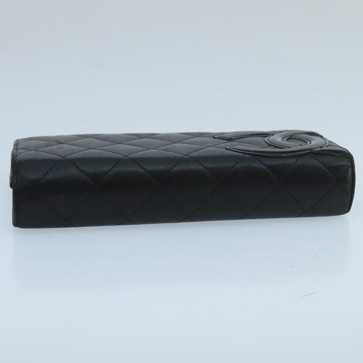 CHANEL Cambon Line Long Wallet Leather Black Silver CC yk16124