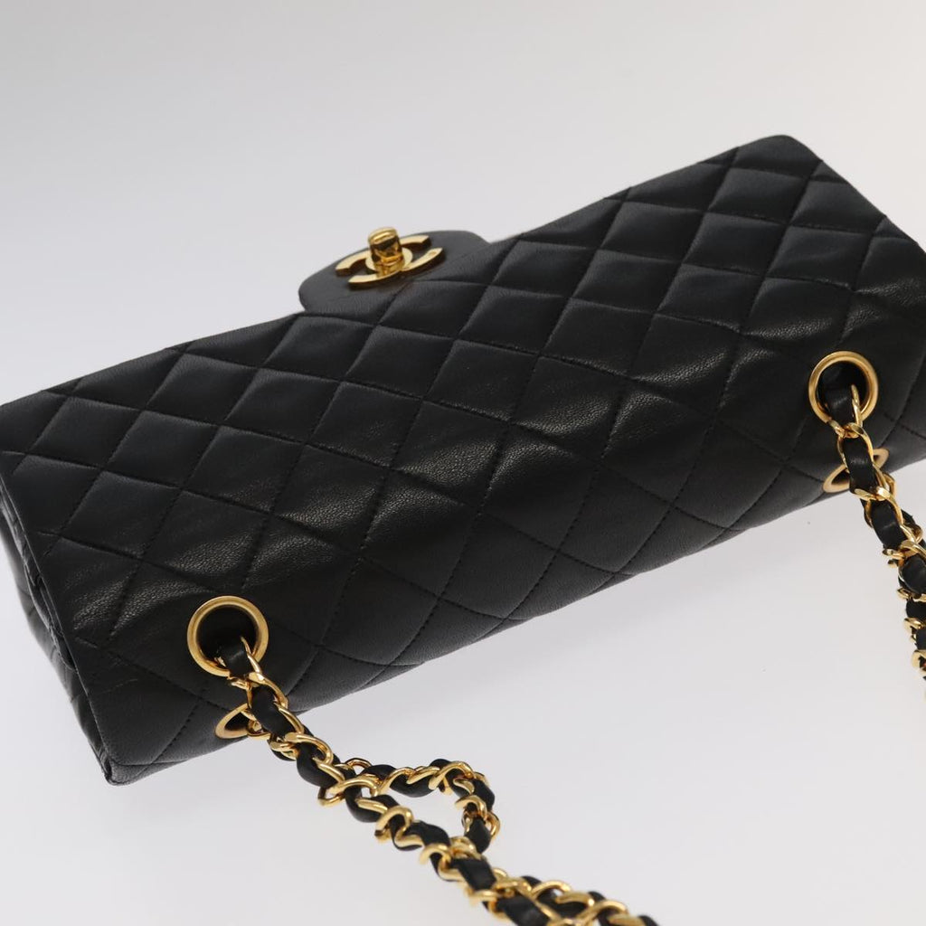 CHANEL Matelasse 25 Double Flap Hand Bag Lamb Skin Black Gold CC yk16193A