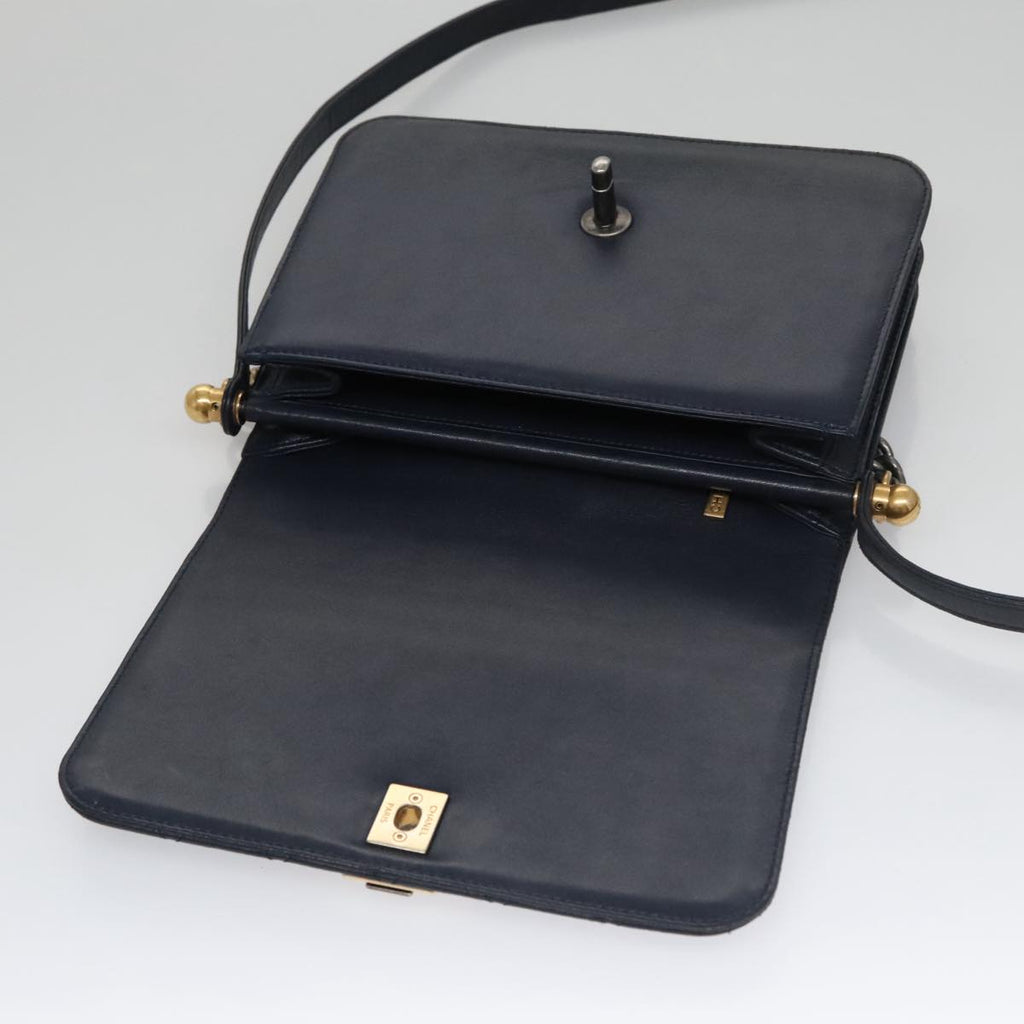 CHANEL Matelasse Turn Lock Chain Hand Bag Leather 2way Navy Gold CC yk16451
