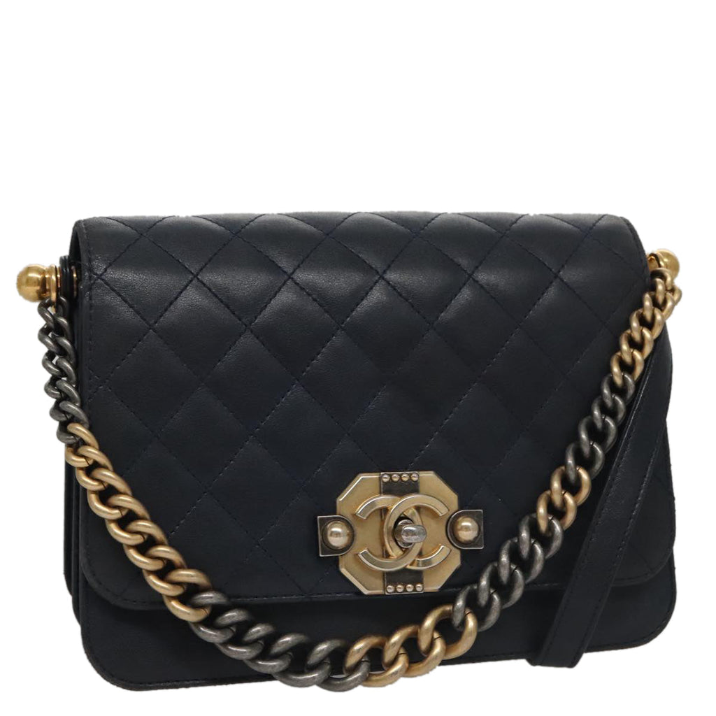 CHANEL Matelasse Turn Lock Chain Hand Bag Leather 2way Navy Gold CC yk16451