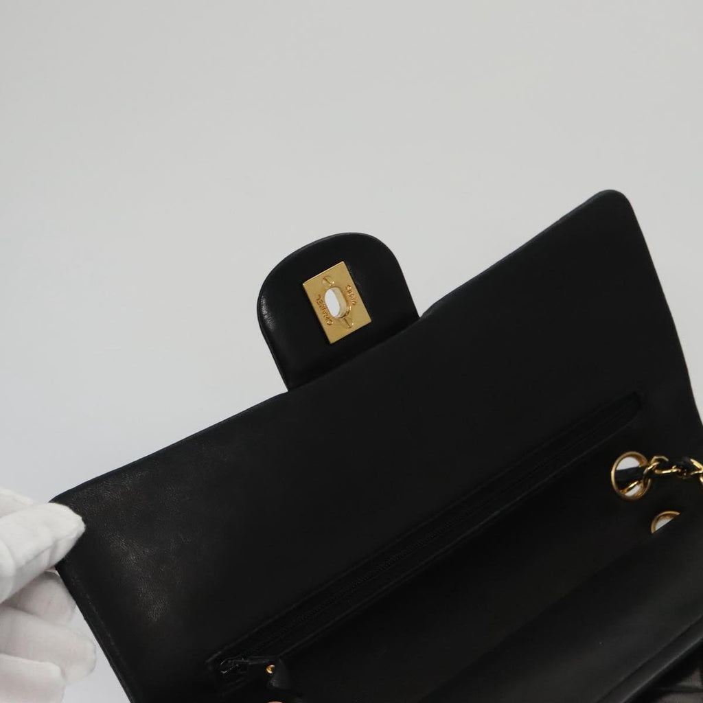 CHANEL Matelasse 25 Double Flap Chain Shoulder Bag Lamb Skin Black yk16454A