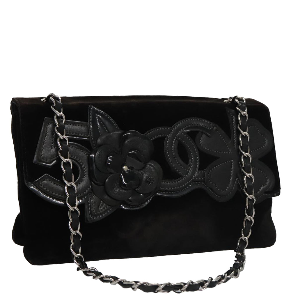 CHANEL Chain Camelia Shoulder Bag Velor Leather Black Silver CC yk16500